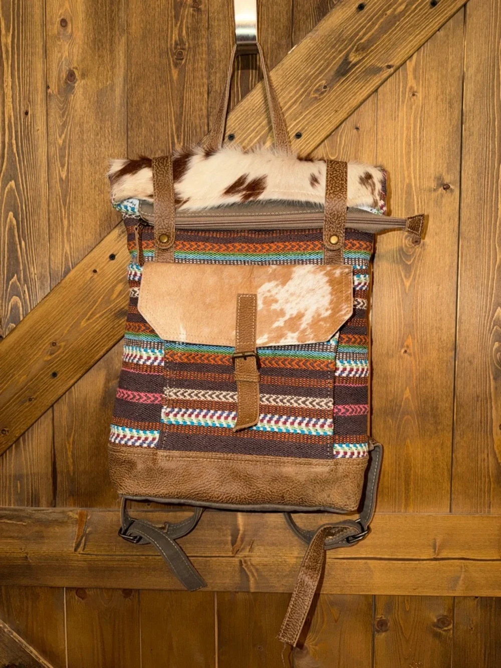 Myra Southwestern Cowhide & Woven Backpack - Brown Multi